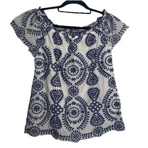 Navy Embroidered Blouse Cotton Short Sleeve Lace‎ Blouse Sz S